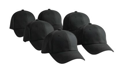 Six black baseball-style caps, arranged in a slightly offset group against a black background