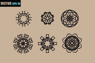 Collection of six intricate circular black ornamental designs on a neutral background showcasing geometric patterns and floral motifs for graphic design