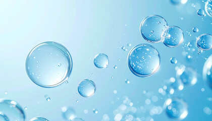 淡いブルーの背景に浮かぶ透明な水の気泡を捉えた高精細マクロ写真。ヒアルロン酸やNMFなどの保湿・潤い成分を想起させるスキンケア・美容成分イメージ。／
High-resolution macro photo of transparent water bubbles floating on a light blue background