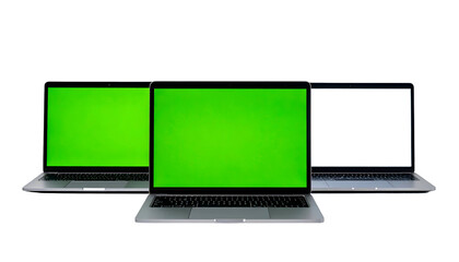 Three modern laptops with blank or green screens arranged on a black background