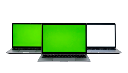 Three modern laptops with blank or green screens arranged on a black background