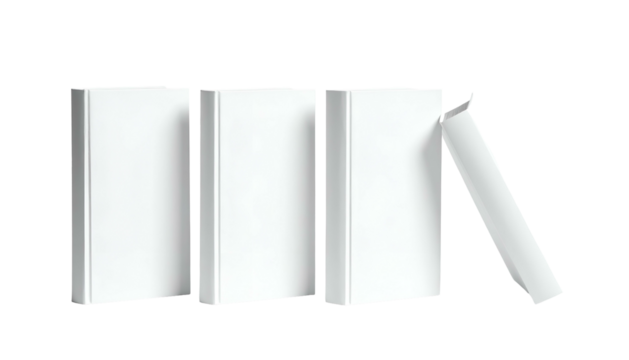 Three upright white books, fourth leaning, all clean, minimalist, on a black background