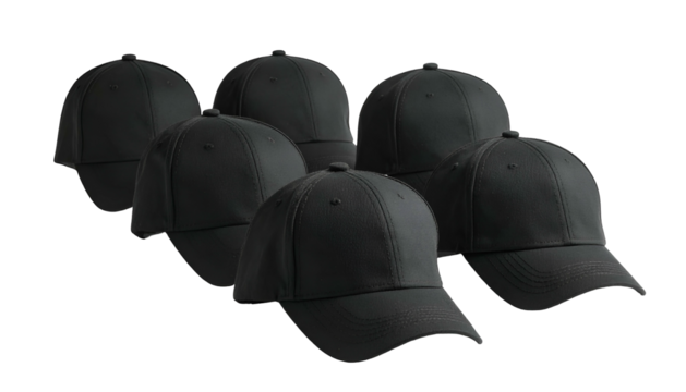 Six black baseball-style caps, arranged in a slightly offset group against a black background