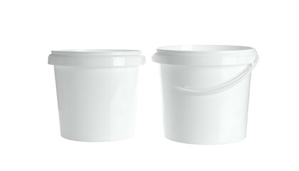 Two white plastic containers with lids, one with a handle, isolated on a black background