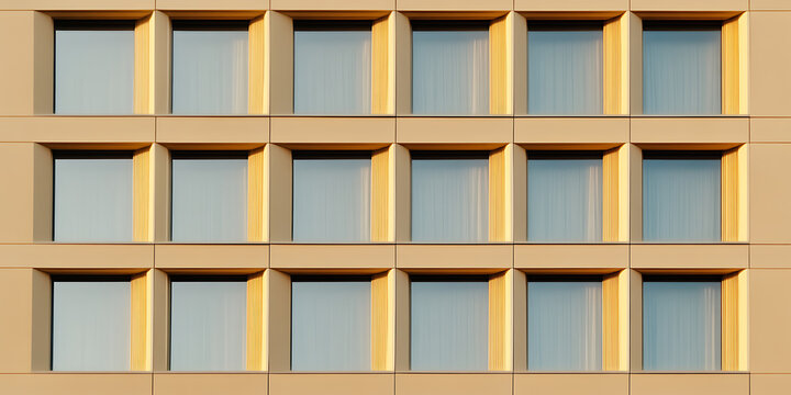 Facade with rows of recessed rectangular windows, framed with golden accents, creating a symmetric, modern architectural pattern on a beige building. Clean lines.