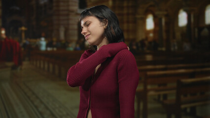Young hispanic woman stands alone and rubs shoulder with closed eyes inside church building; quiet contemplation.