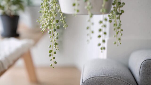 Hanging string of pearls plant succulent vine drapes from white ceramic pot, round beads cascade in soft light, calm indoor decor minimal charm