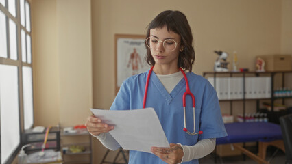 Woman doctor wearing blue scrubs reading paper with hand holding document and stethoscope in clinic...