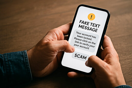Smartphone displaying a scam text message for the concept of fraud and cybercrime.