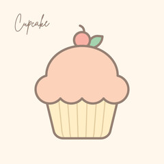 Cute cupcake vector illustration with cherry and leaf on top. Pastel color bakery dessert icon. Sweet food design for cafe logo, menu decoration, sticker, label, or greeting card background.