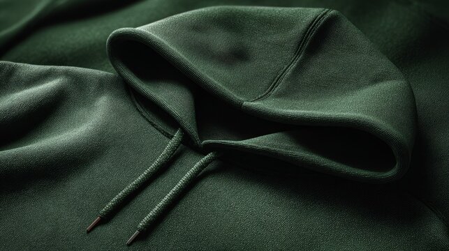 Designer forest green hoodie template flat lay with luxury fabric texture