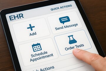 A person hand interacting with EHR application for medical technology concepts.
