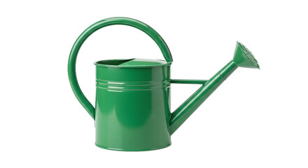 Shiny green metallic watering can garden tool isolated on transparent background