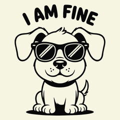 Cute cartoon puppy wearing sunglasses and smiling with i am fine text above