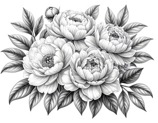  Elegant Black and White Peony Floral Illustration with Detailed Leaves, Botanical Line Art, Isolated on White Background