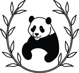 Panda eating bamboo surrounded by floral frames illustration on transparent background