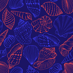 Seamless pattern with shells of different shapes. Hand drawn vector illustration.