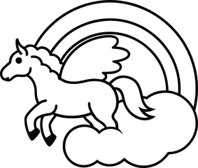 Pegasus flying above rainbow with swirling clouds illustration on transparent background