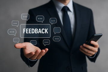 Business executive using smartphone with virtual chat bubbles representing feedback collection communication and organizational evaluation