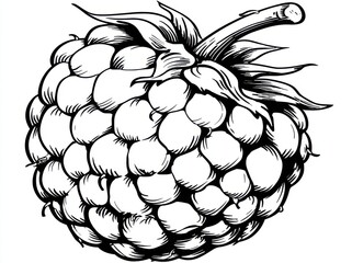 Obraz premium A bold and minimalistic black and white illustration of a raspberry, crafted in a woodcut style. The simple line art features clear outlines against a pristine white background