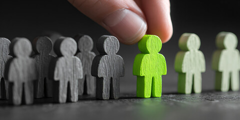 Business executive carefully choosing a single green wooden figure from an assortment of various colored people models placed on a table during a corporate strategy meeting