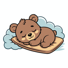 Adorable cartoon brown bear cub peacefully sleeping on a soft pillow with fluffy clouds in the background