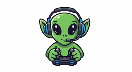 Adorable green alien gamer enthusiastically playing video games with a headset and controller, perfect for esports branding and gaming content creation