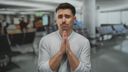 Hispanic man pleading inside busy airport with blurred background conveying travel urgency and...