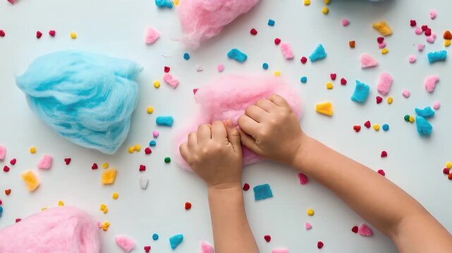 Cotton candy kid hand squeeze pastel slime on white table with sprinkles, playful fluffy pink and blue treat scatter, joyful fun captured