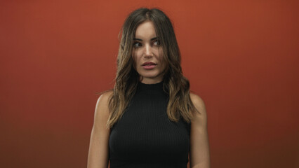 Woman raises open palms and arms showing bare shoulders in orange studio while looking directly at camera; uncertainty.