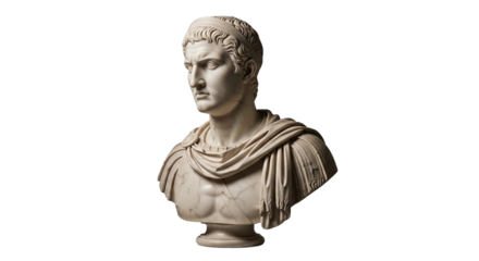 White classical marble bust of a Roman emperor with draped toga, isolated on transparent background