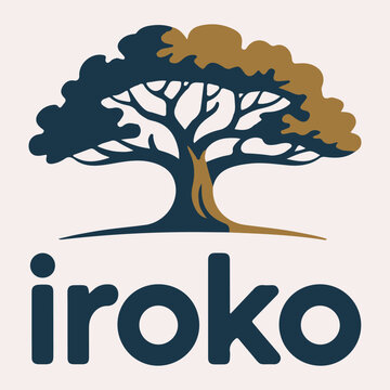Stylized iroko tree logo with deep blue and golden brown foliage on a light pink background