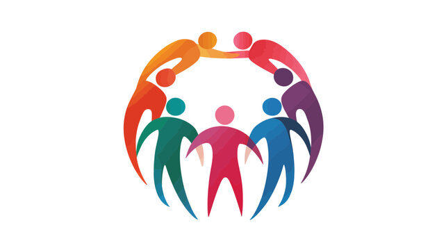 Vibrant abstract watercolor illustration of diverse people in a circle, symbolizing community, global teamwork, unity, and social connection.