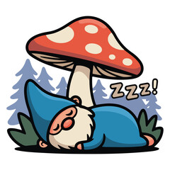 Cute cartoon gnome sleeping peacefully under a red and white spotted mushroom in a forest setting