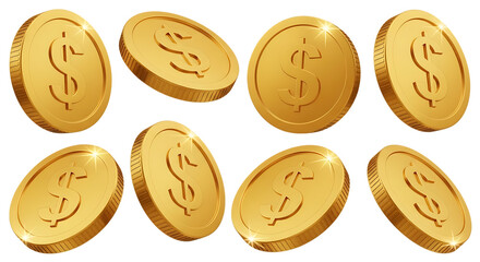 Eight gold coins with dollar signs floating in space isolated on a transparent background currency money