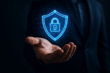 Cybersecurity and data protection with hand holding glowing shield and lock icon for digital privacy and safety