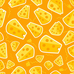 Seamless vector pattern of cartoon Swiss cheese wedges on an orange background. Playful food illustration for dairy or snack themed designs
