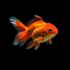 Fototapeta premium Vibrant orange goldfish gracefully swimming against a stark black background studio shot,