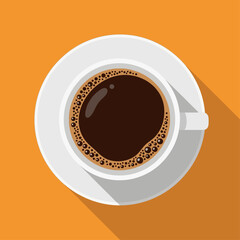 Top view of a white cup of black coffee on a saucer, a flat design vector illustration with a long shadow on an orange background