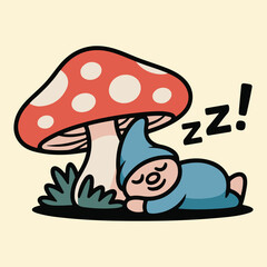Cute cartoon gnome sleeping peacefully under a red and white spotted mushroom in a whimsical forest setting