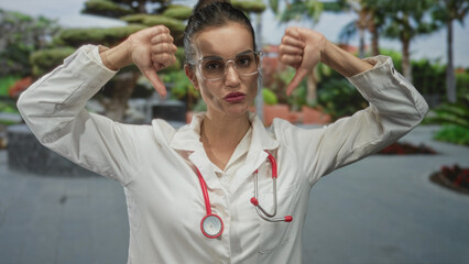 Young hispanic woman doctor with red stethoscope gives double thumbs down gesture on street;...