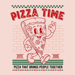 A cheerful walking pizza slice character in a retro cartoon style, making an OK gesture. This vintage mascot illustration is perfect for pizzeria branding