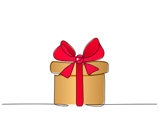 Large box with a bow and red ribbon for Christmas, New Year, or birthday. Flat vector illustration, single continuous line drawing, isolated on white background.
