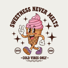 A cheerful walking ice cream cone character in a retro cartoon style with a peace gesture, isolated vector graphic design element