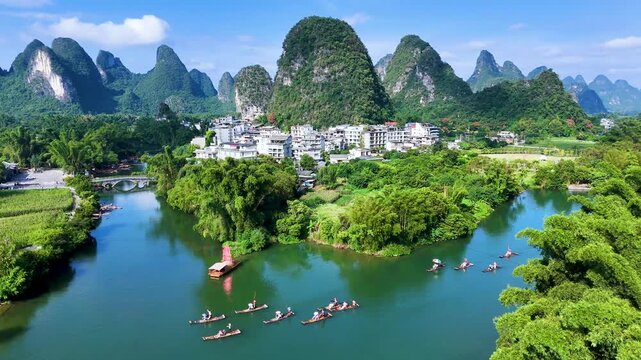 Aerial view of Yulong River with karst peaks near Yangshuo in the Guangxi Region, China