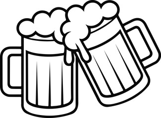 Two frothy beer mugs clinking together in a celebratory toast with foamy heads overflowing