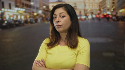 Hispanic woman in yellow shirt with arms crossed and stern expression on a bustling urban street at dusk; defiance.