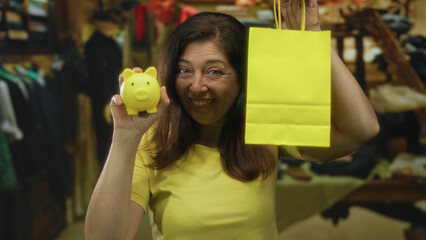 Woman holds yellow piggy bank in one hand and a matching shopping bag in the clothing store aisle...