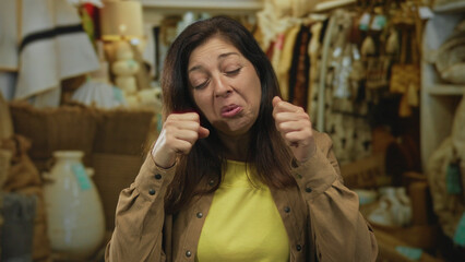 Woman in yellow shirt makes mocking face with hands under chin amid shop shelves and clothing racks...