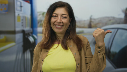 Middle aged woman wearing yellow top points thumb to car at petrol station on street with smiling expression  approval. © Krakenimages.com